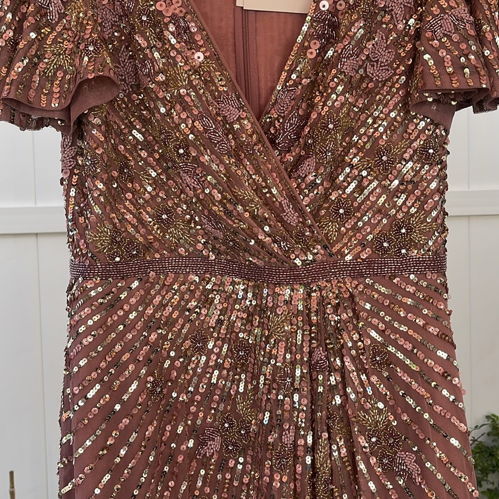 Mac Duggal - Purple Embellished Faux Wrap Flutter Sleeve Dress Size 8 - Picture 5 of 17